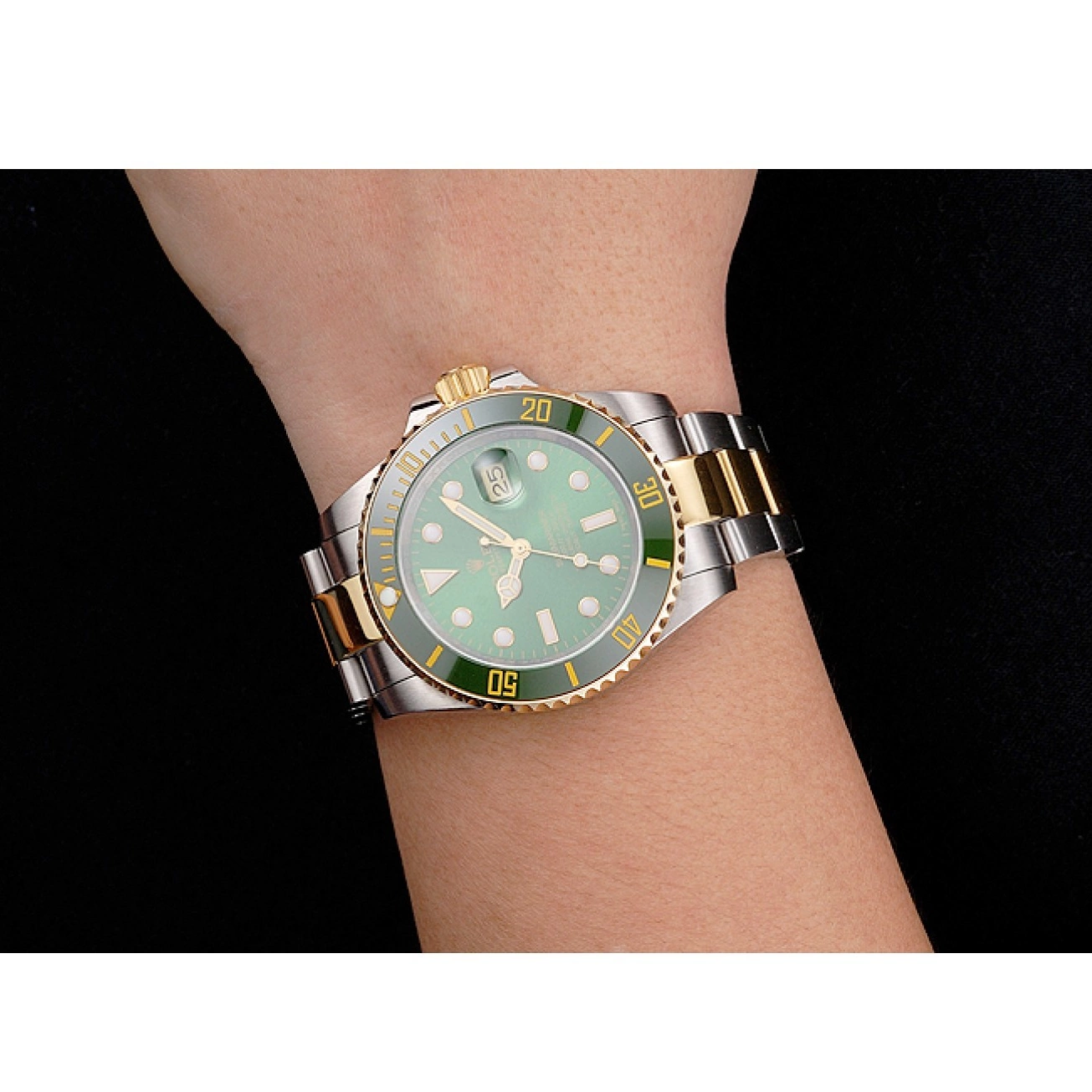 Rolex aaa copy Submariner Swiss Steel Rolex And Dial Tone Two Gold Bracelet Bezel Green 0625
